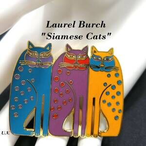 Laurel Burch Siamese Cats Cloisonné Brooch, Vintage Gold Plated Enamel Pin 1980s